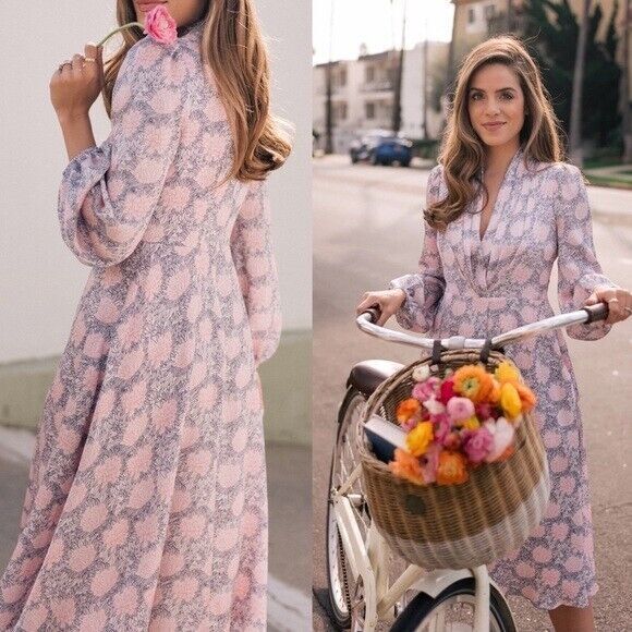 Gal Meets Glam Lizzie Dress Size 4 Pink‎ Uptown Floral Long Sleeve Midi Spring - Picture 2 of 15